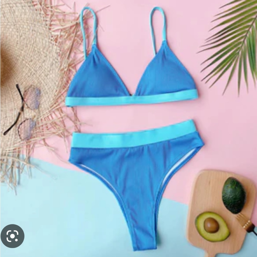 Blue and Teal High Waisted Ribbed Bikini